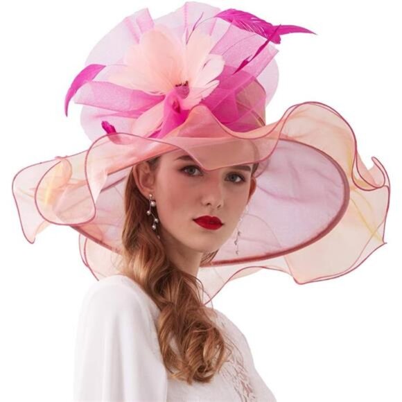 Women Organza Hat, Fascinator Hat Pink Beige main image 4